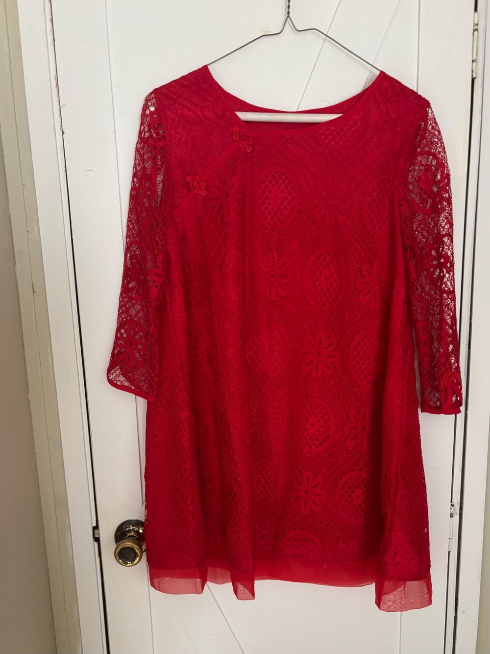 Red Lace Tunic Blouse Small Asian Inspired Frog Closure Sheer Sleeve